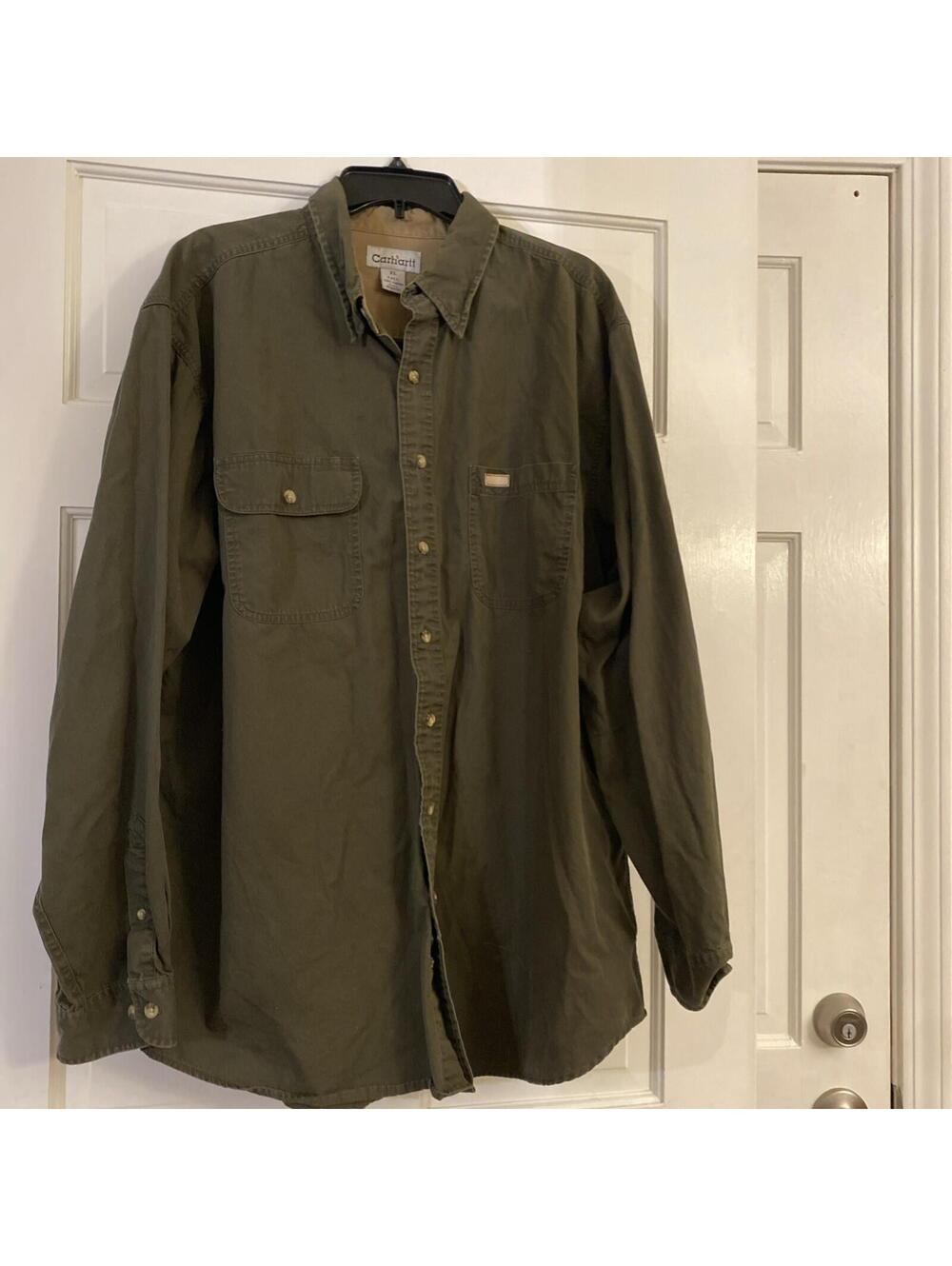Carhartt Button Down Double Pocket Tall XL Green Long Sleeve Rugged Outdoor Wear